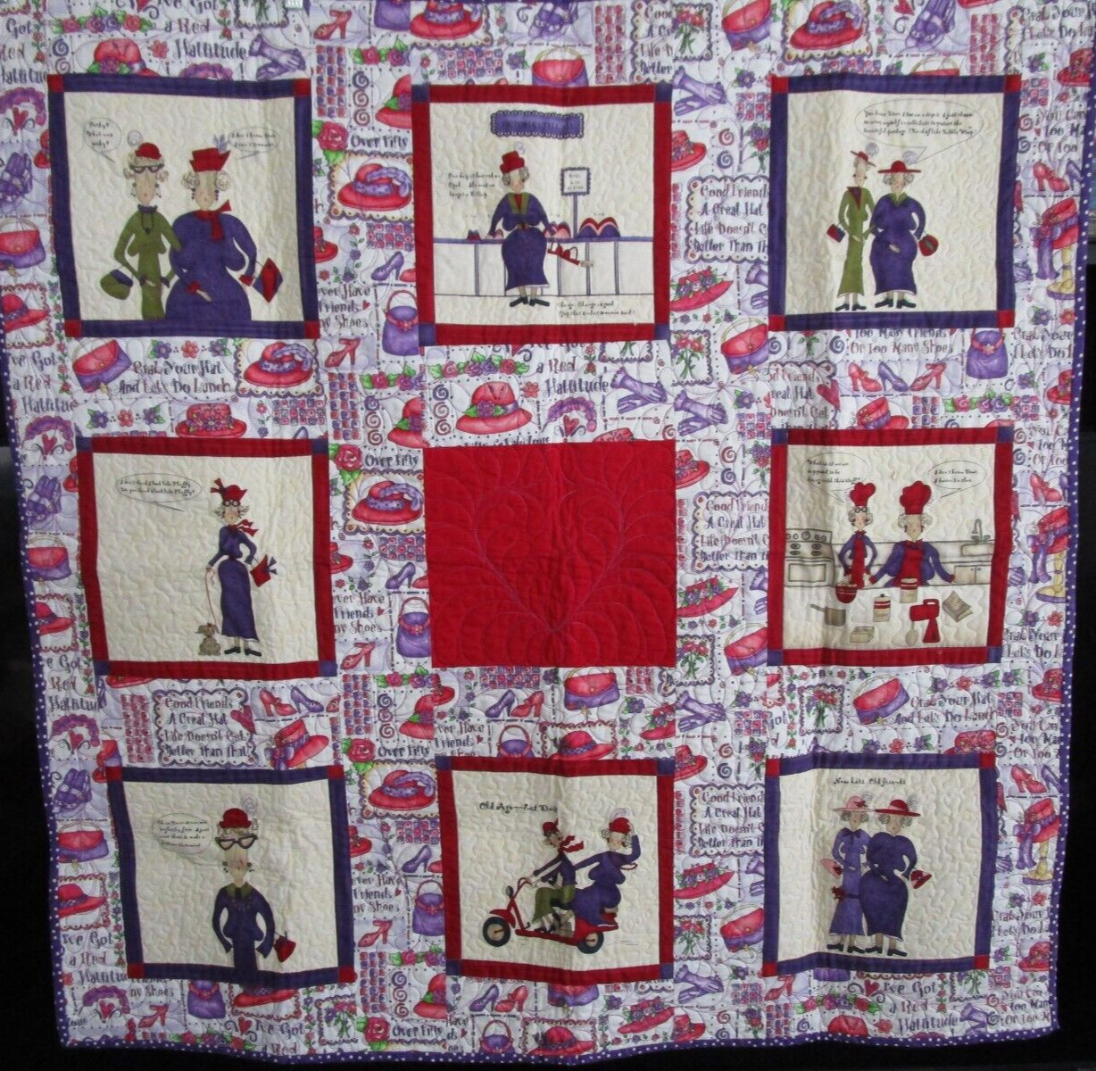 HANDMADE RED HAT LADIES COTTON QUILT, WALL HANGING, 42