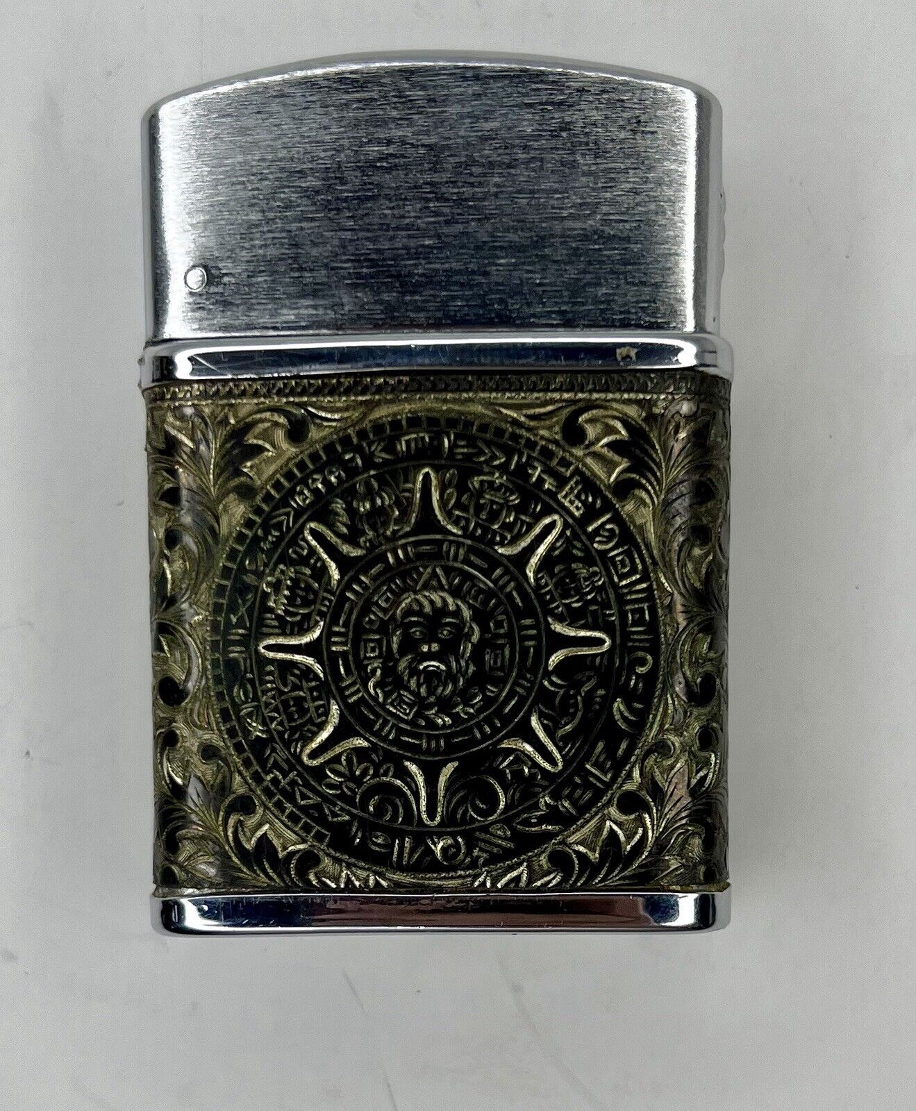 Vintage Aztec Calendar Etched Mexico Engraved Dragon Lighter Black Gold Tone