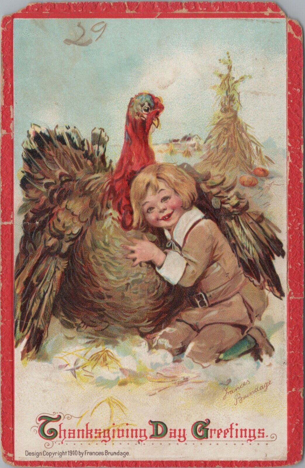 c1910 Thanksgiving child turkey Frances Brundage embossed German postcard A527