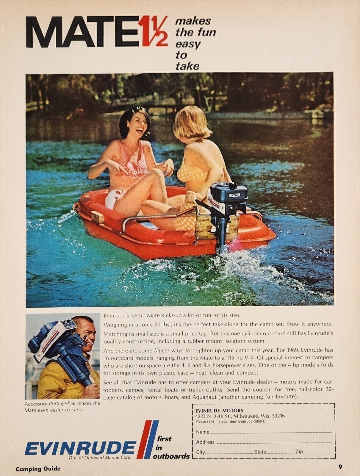 1969 Print Ad Evinrude Mate 1 1/2 HP Outboard Motors Ladies in Small Boat