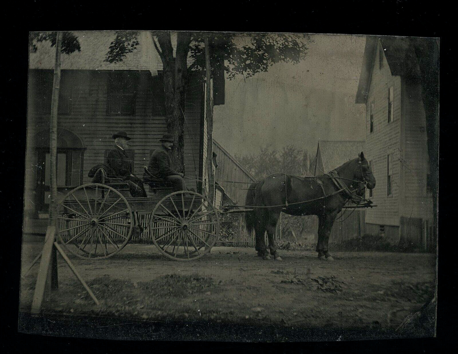 outdoor men driving horse carriage houses street antique tintype photo 1800s