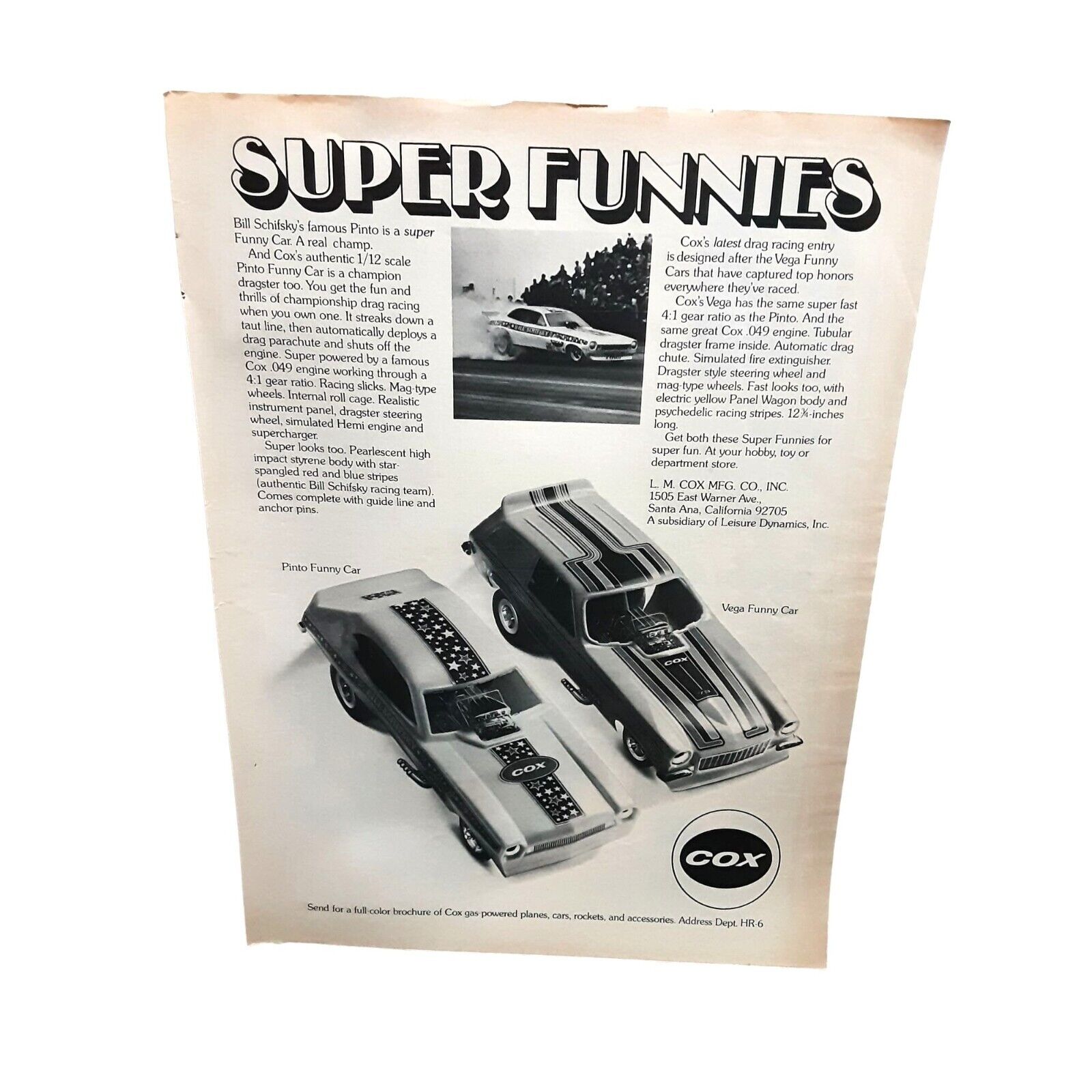 1973 COX Super Funnies Pinto and Vega Original Print Ad Vintage Funny Car Racing