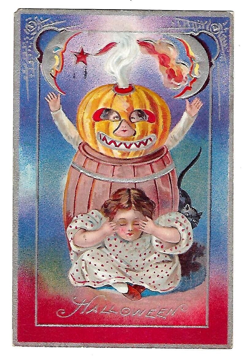 c1912 Halloween Postcard Children Playing, Pumpkin Mask Barrel Embossed
