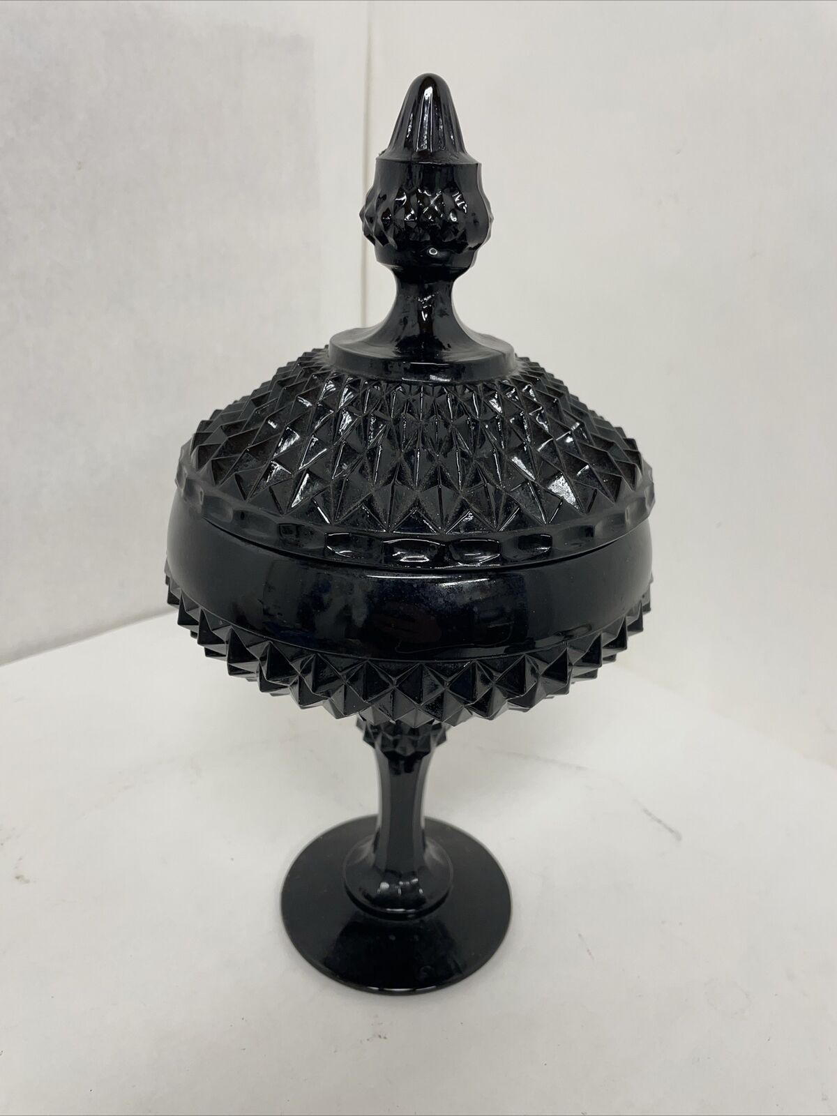 Vintage Indiana Glass Tiara Diamond Point Black Covered Compote Dish