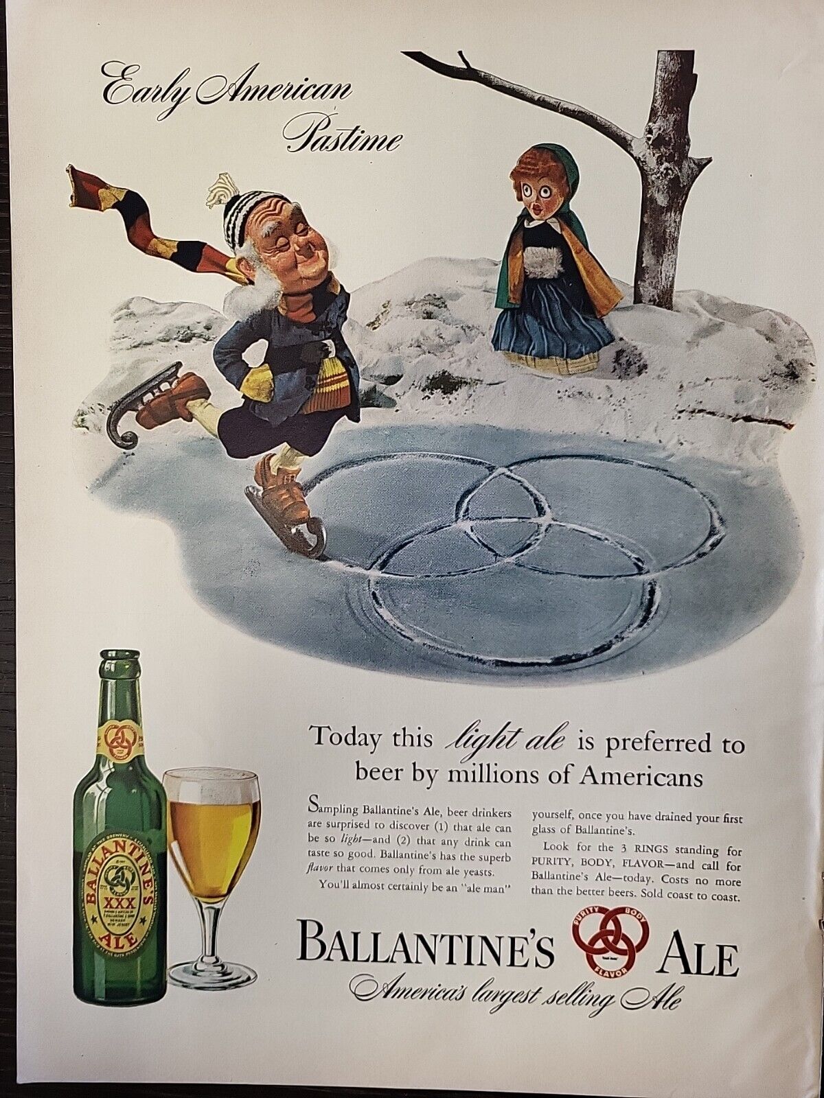 1941 Ballantine\'s Ale Print Advertising Beer Early American Skating LIFE Pond