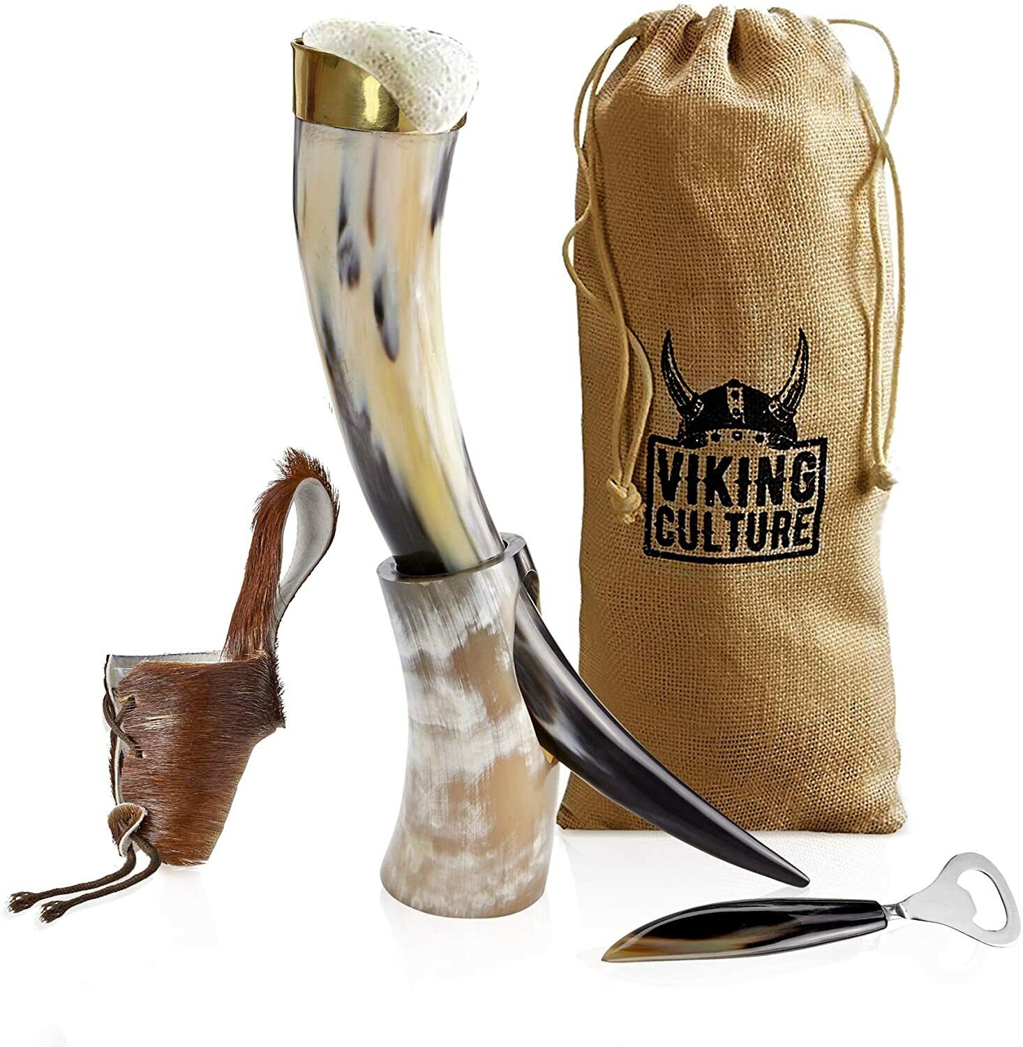 Viking Culture - Viking Horn Mug with Beer Opener, Stand, Genuine Fur Belt 