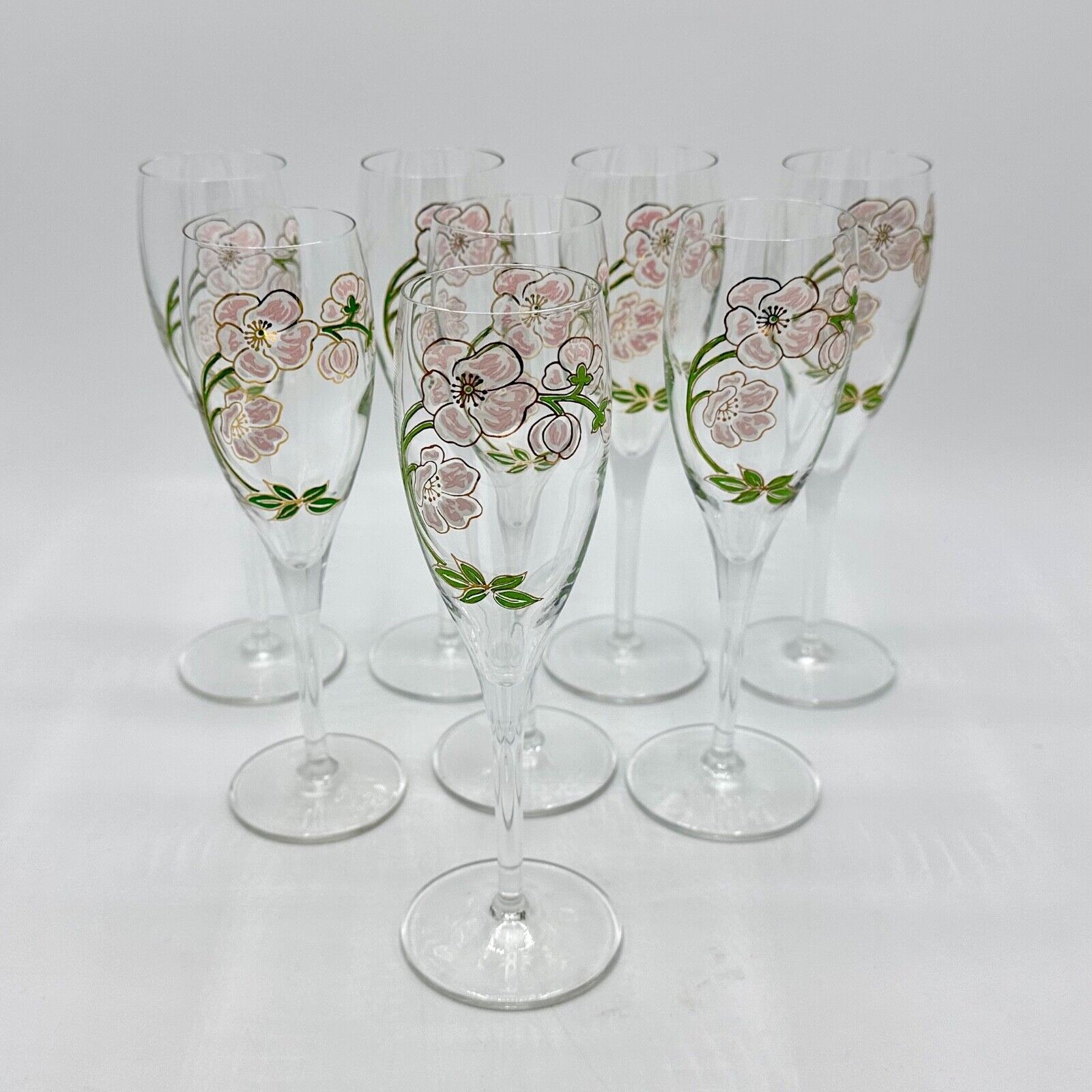 Set of 8 Perrier Jouet Belle Epoque champagne flutes  pink gold flowers • France