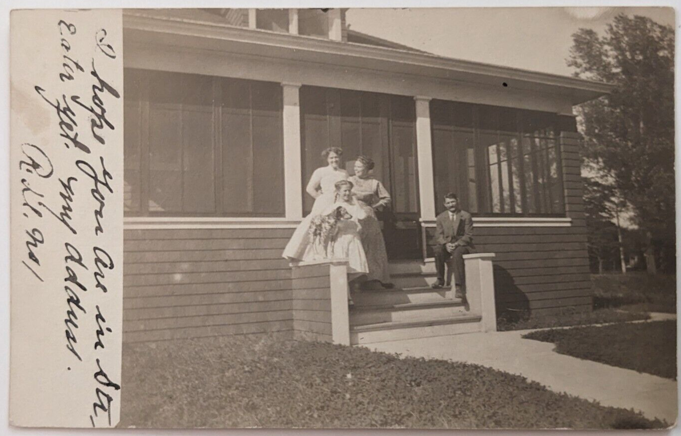 Family on Porch with Spotted Dog Three Women Antique RPPC Real Photo Postcard D6