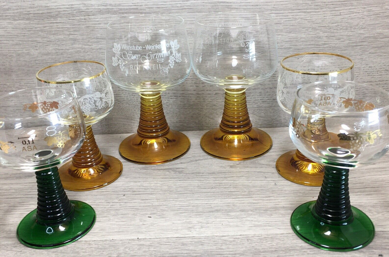 6  x Vintage Amber GREEN Beehive Stem Hand Engraved, Brandy/Hock Glasses