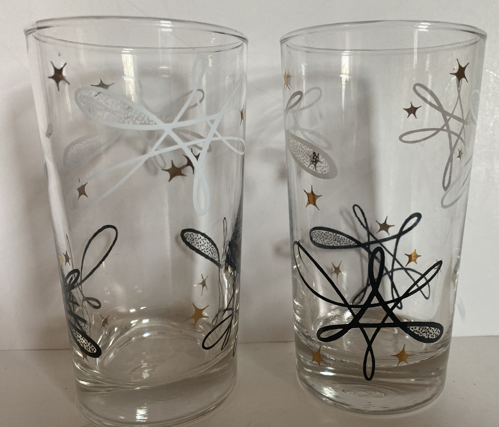 Set of 2 Vintage Atomic Tumbler Glasses Gold Black White Star Design