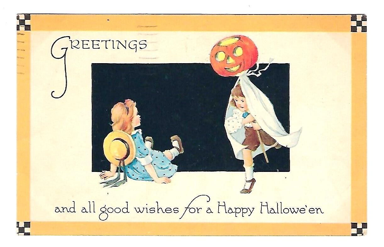 c1921 Gibson Art Halloween Postcard Girls Playing, Pumpkin Ghost