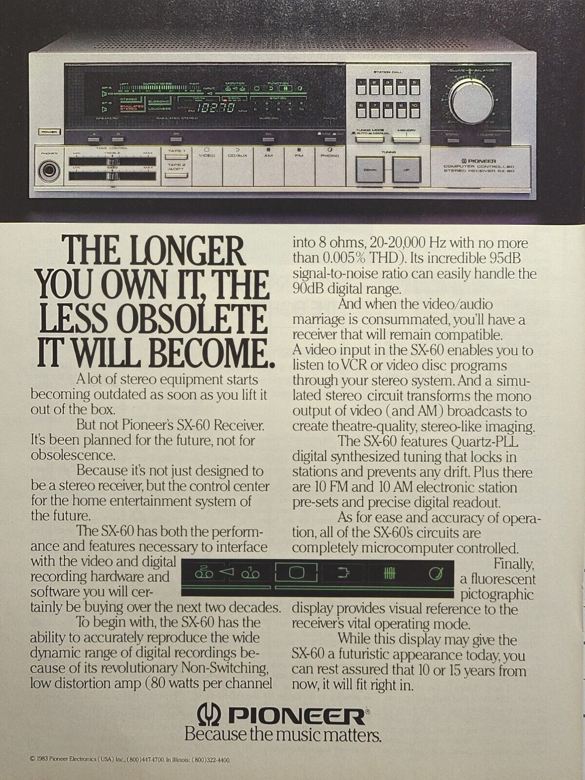 Pioneer SX-60 Receiver Tuner Stereo Component Vintage Print Ad 1984