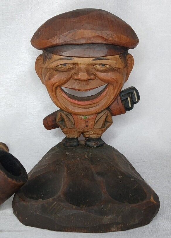 Vintage Babe Ruth Anri Italy Handcarved Wood Pipe Holder With Pipes Signed 1932