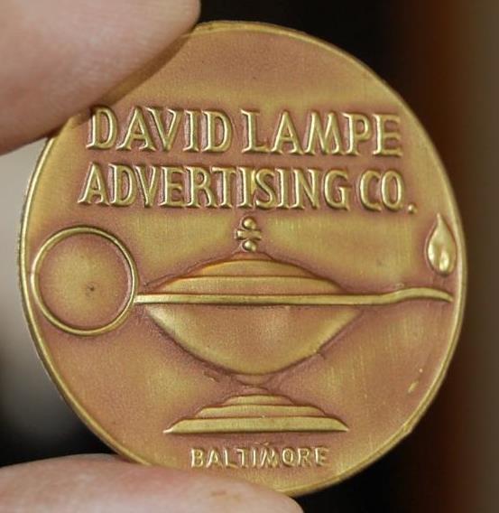 RARE VINTAGE DAVID LAMPE ADVERTISING CO. BALTIMORE MD. BRASS ADVERTISING TAG