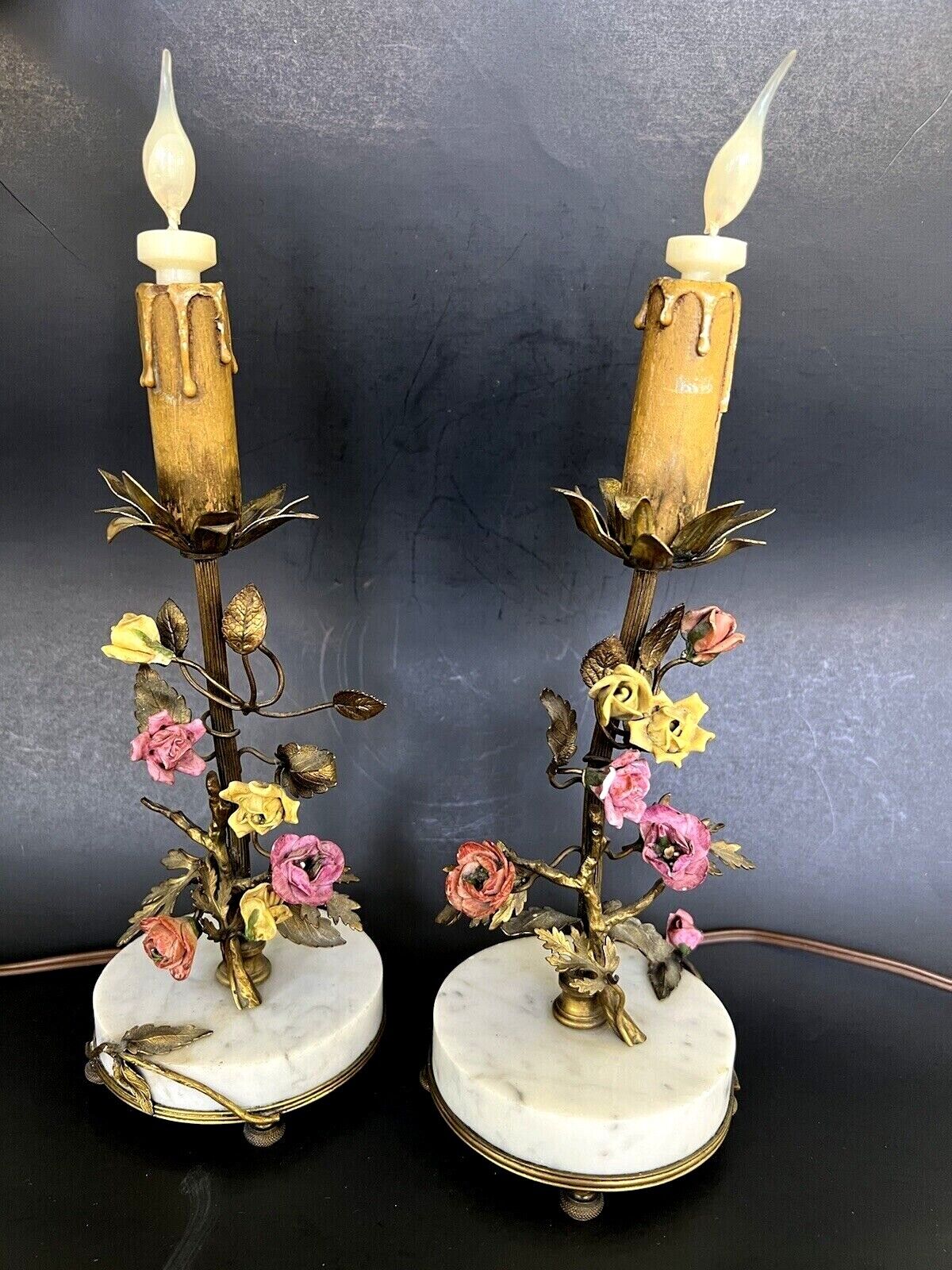Pair Antique FRENCH Ormolu Applied Porcelain Flower Marble Boudoir WORKING Lamps