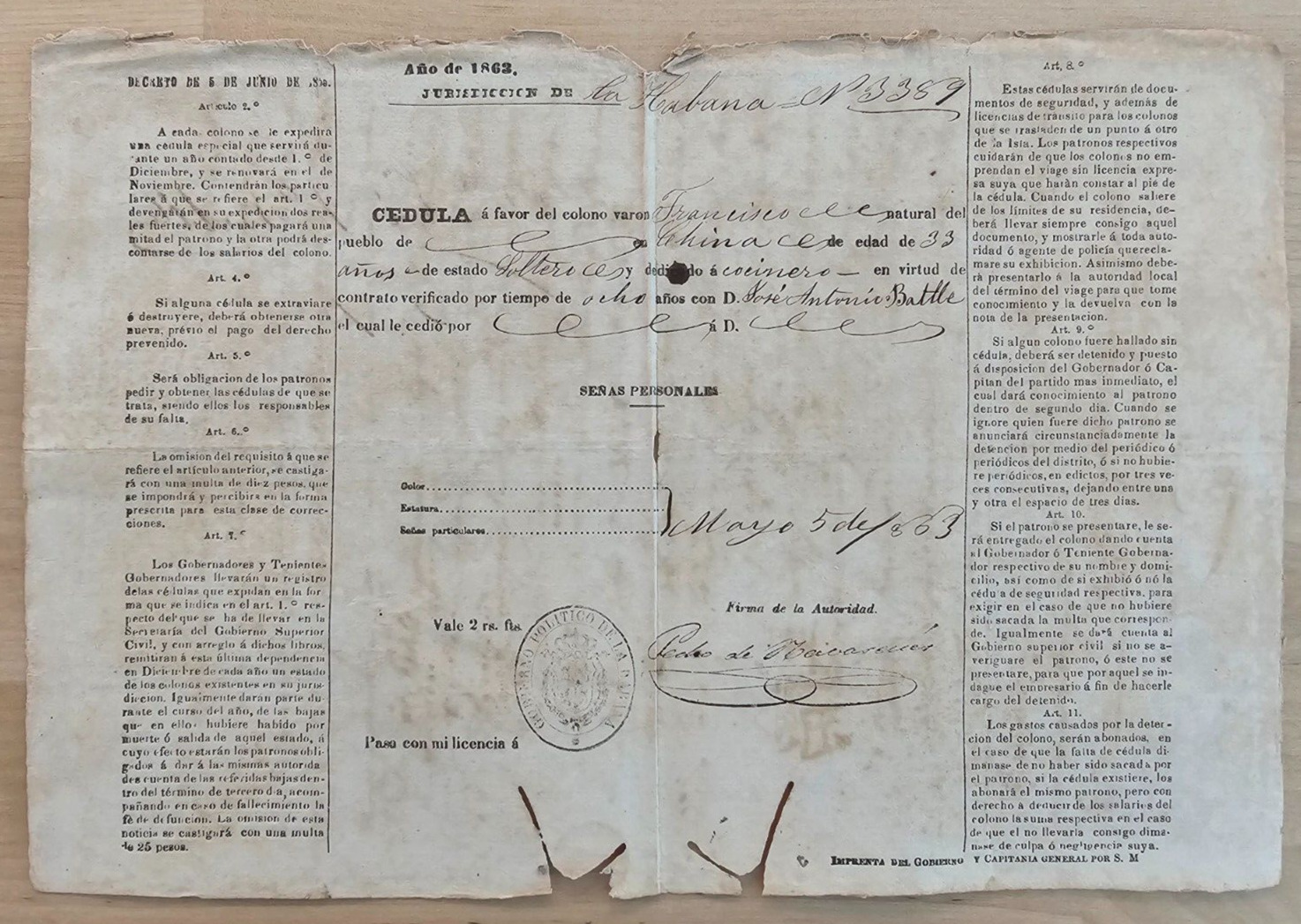 ANTIQUE 1863 CHINA CHINESE SLAVES MATANZAS CUBA CONTRACT DOCUMENT SIGNED