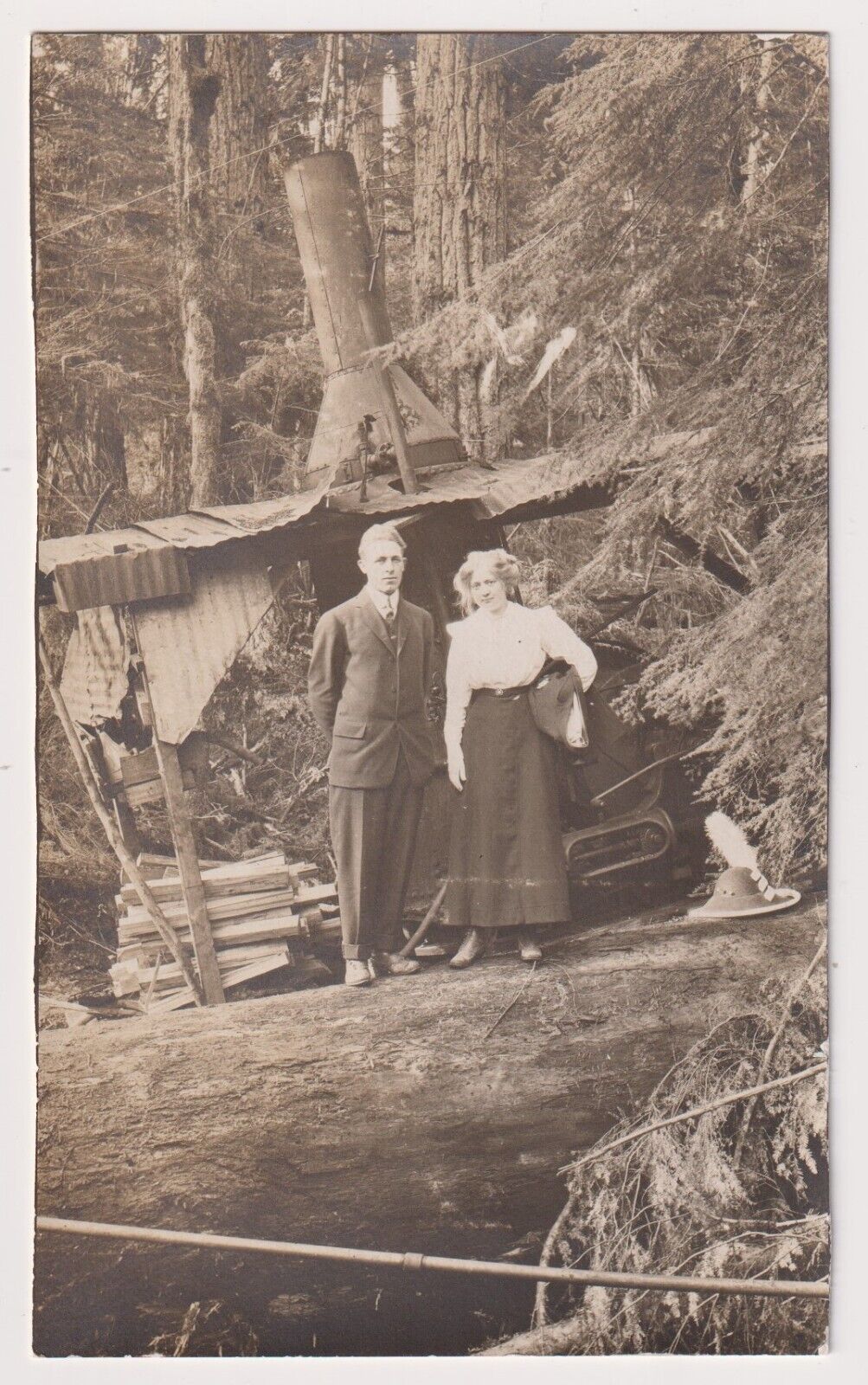 RPPC Postcard Man & Women by a Logging Steam Donkey Tolt Washington c 1912