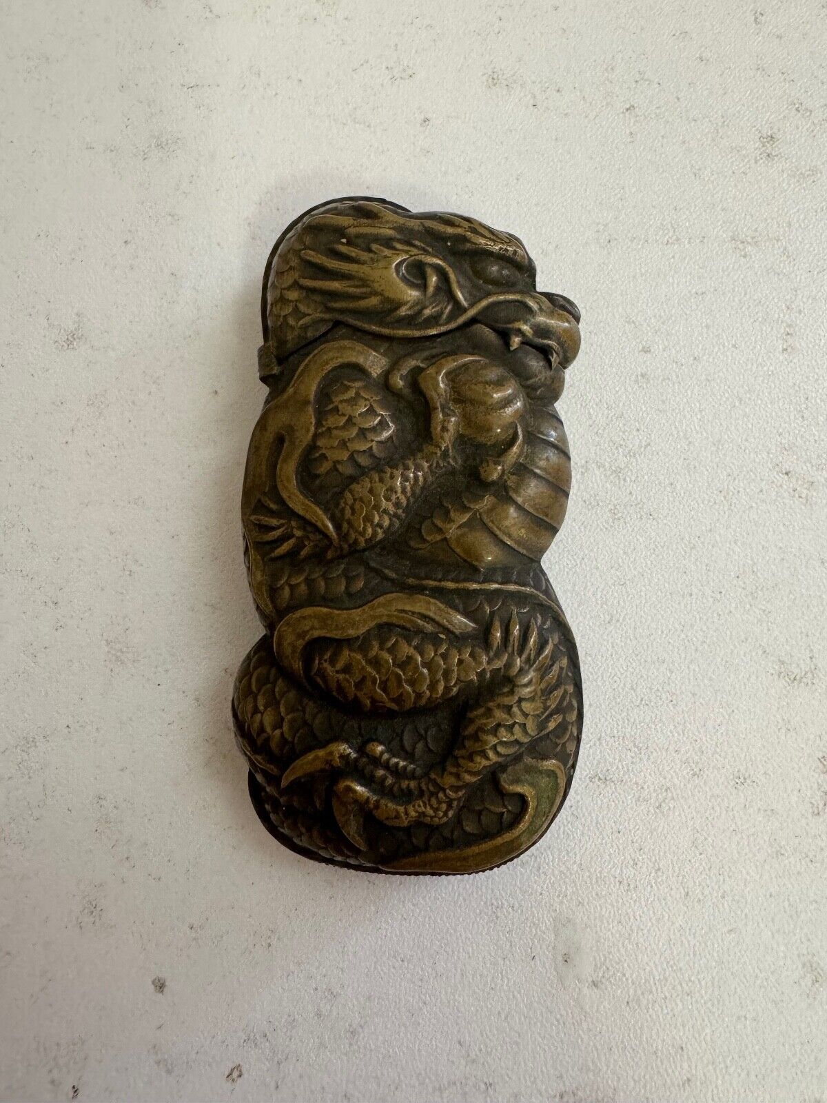 Antique Japanese Meiji Brass Dragon Design Match Safe / Vesta Case
