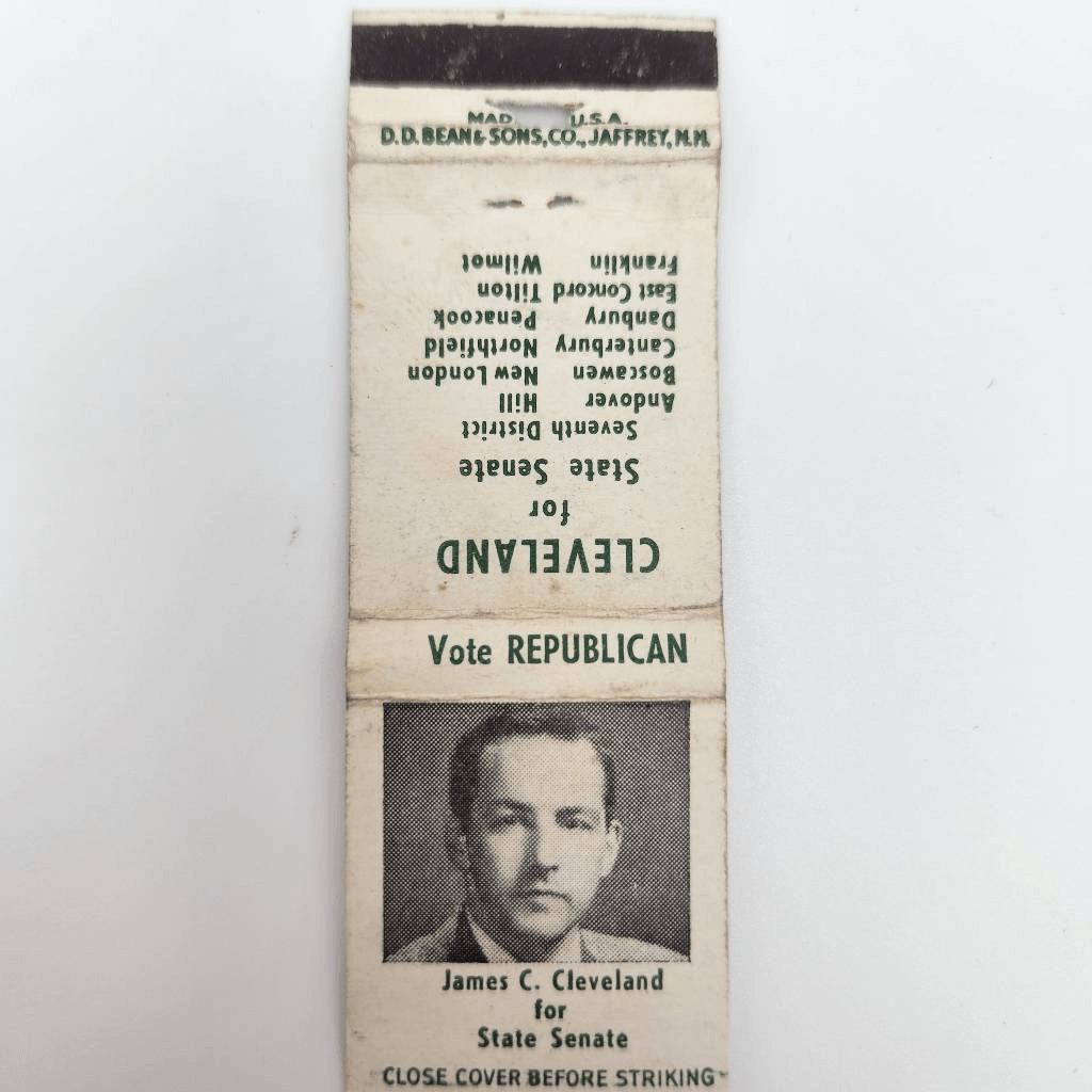 Vintage Matchcover Rep. James C. Cleveland NH State Senate Political New London