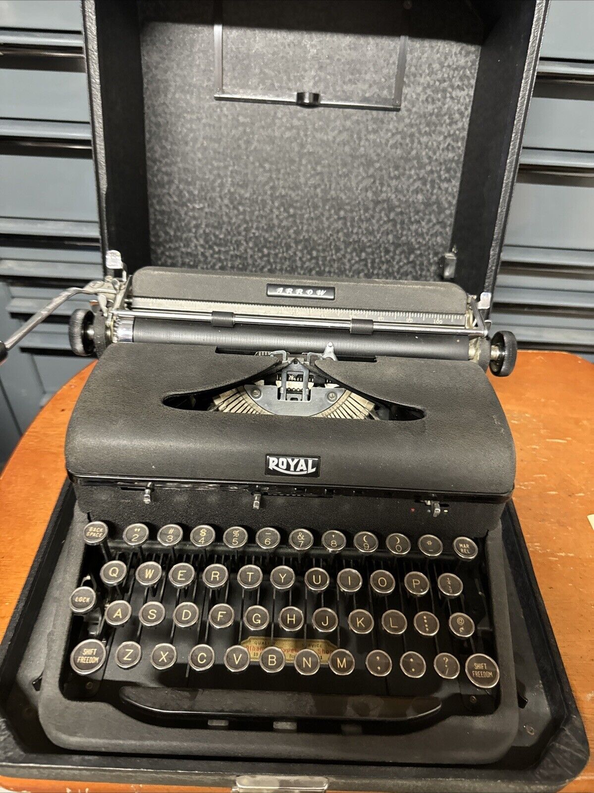 Royal Arrow 1941 WWII Portable Black Typewriter Glass Keys With Case & paperwork