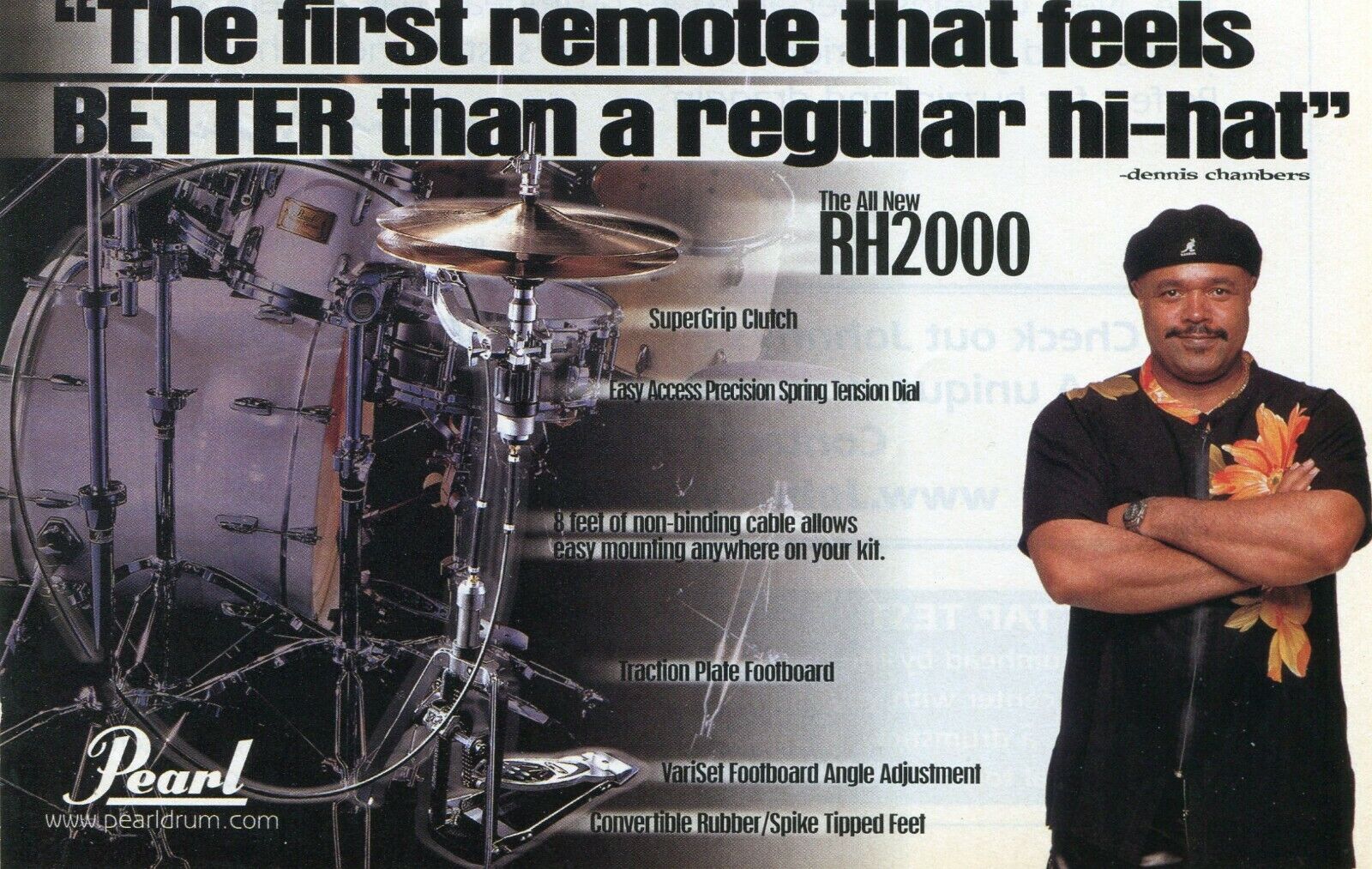 2002 small Print Ad of Pearl RH2000 Remote Hi-Hat Stand w Dennis Chambers