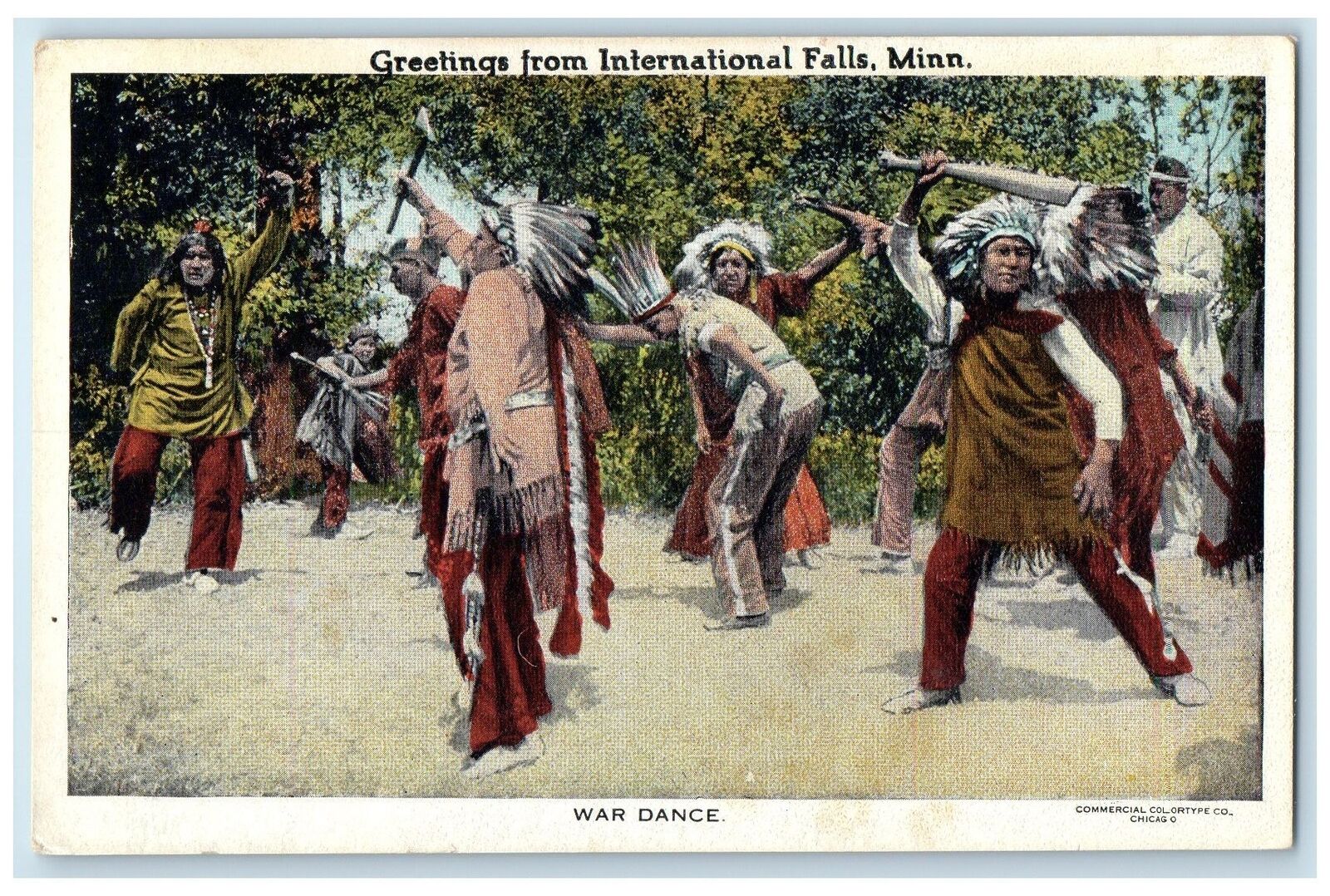 c1940's Greetings From International Falls Minnesota MN War Dance Scene Postcard