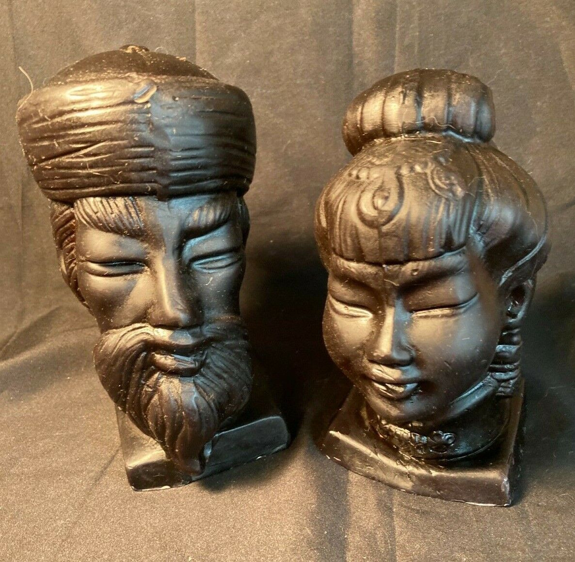 Rare Pr Chinese Black Wax Male & Female Sculptural Busts 7\