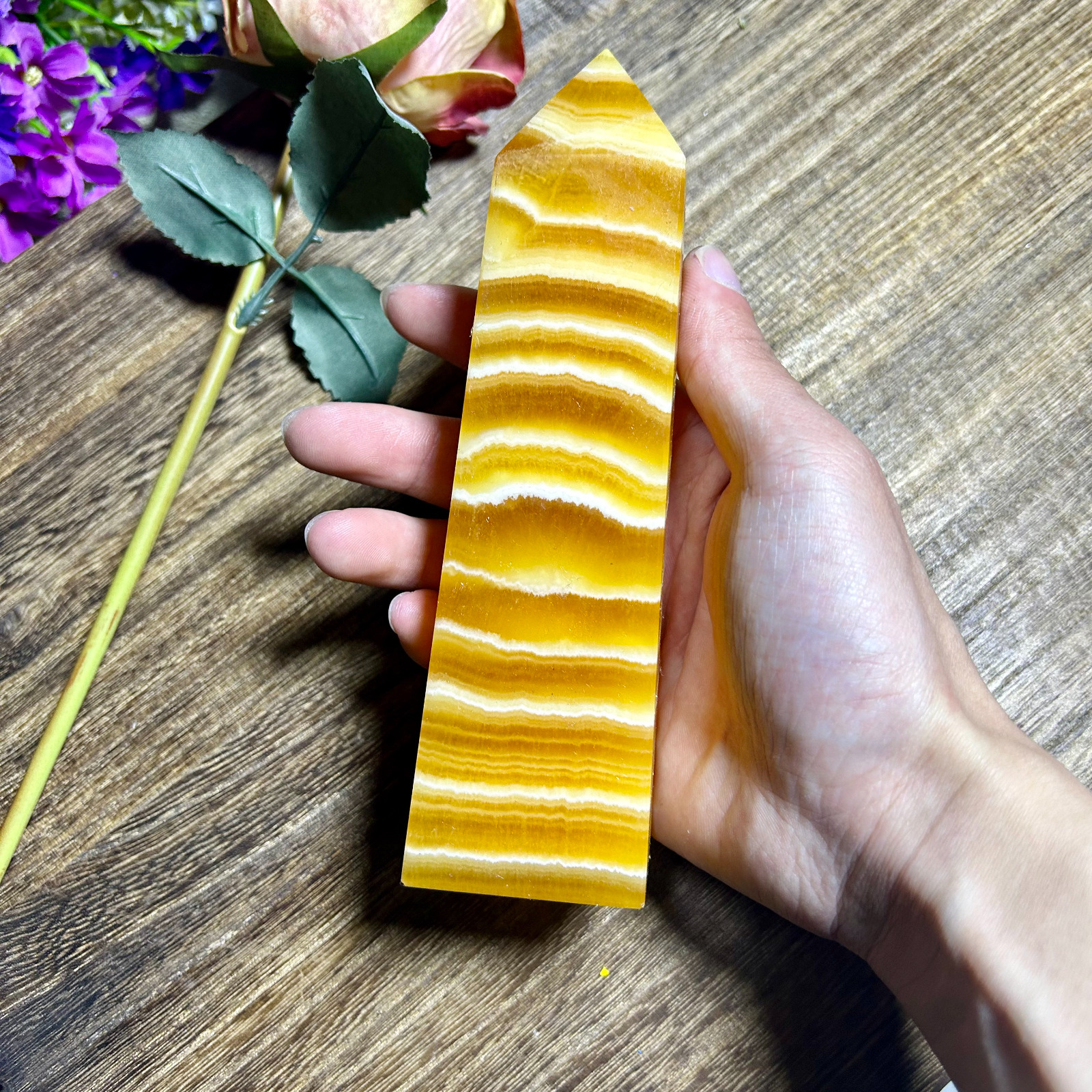 630g Banded Orange Calcite Pointed Tower Honey Yellow Stone Healing Crystal 2th