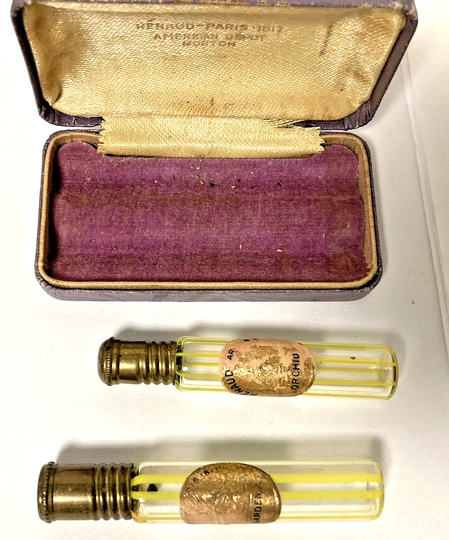 Set of 2 Antique 1920s Renaud Paris 1817 Perfume Bottles Yellow Striped w/ Case