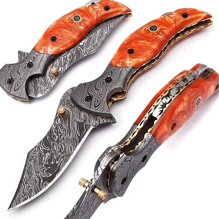 4; Inches Blade Custome Handmade Damascus Pocket Knives spay point With Sheath