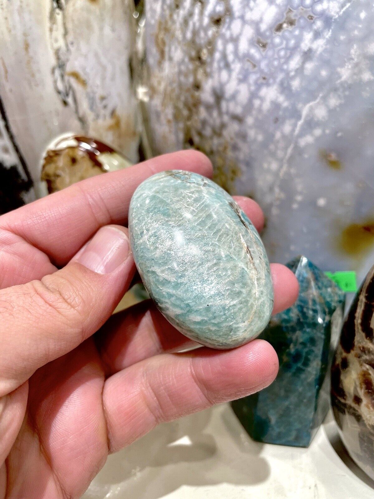 Amazonite Crystal Beautiful Palm Teal Stone Yoga Reiki Healing Crystals 2” Zenda