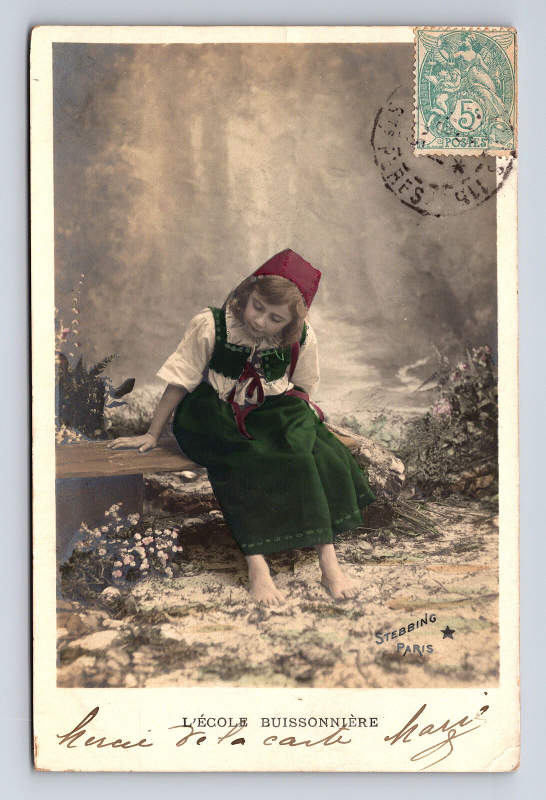 c1905 RPPC Young French Girl Buissonniere School Flowers Hand Colored Postcard