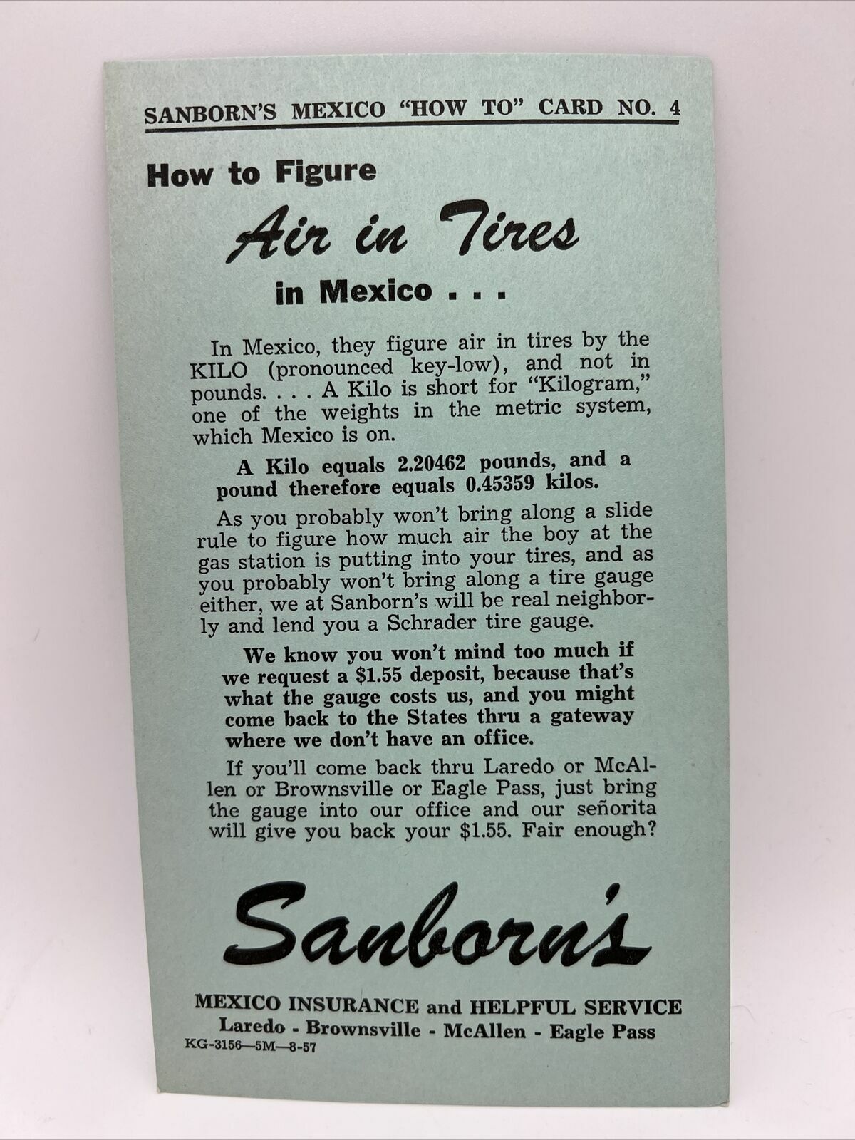 1957 AIR IN TIRES IN MEXICO Sanborn's Laredo Brownsville Texas Travel Guide Card
