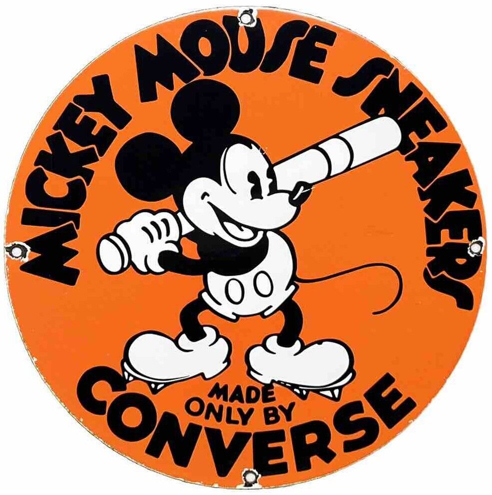 VINTAGE MICKEY MOUSE CONVERSE PORCELAIN SIGN ALL STARS BASEBALL GAS OIL DISNEY