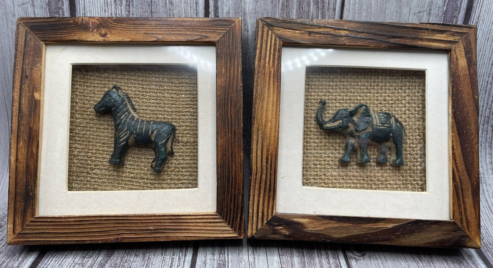 2 Small 3 Dimensional Art Pictures of Elephant & Zebra 4 5/8\