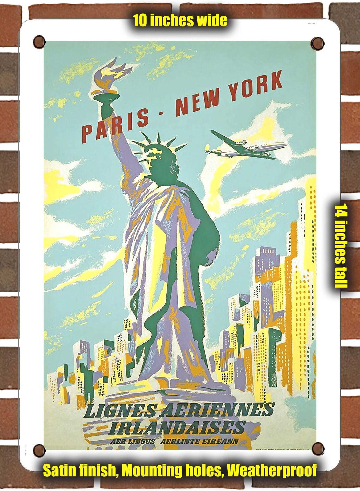 METAL SIGN - 1958 Paris-New York Irish Airlines Aer Lingus Aerlinte Eireann