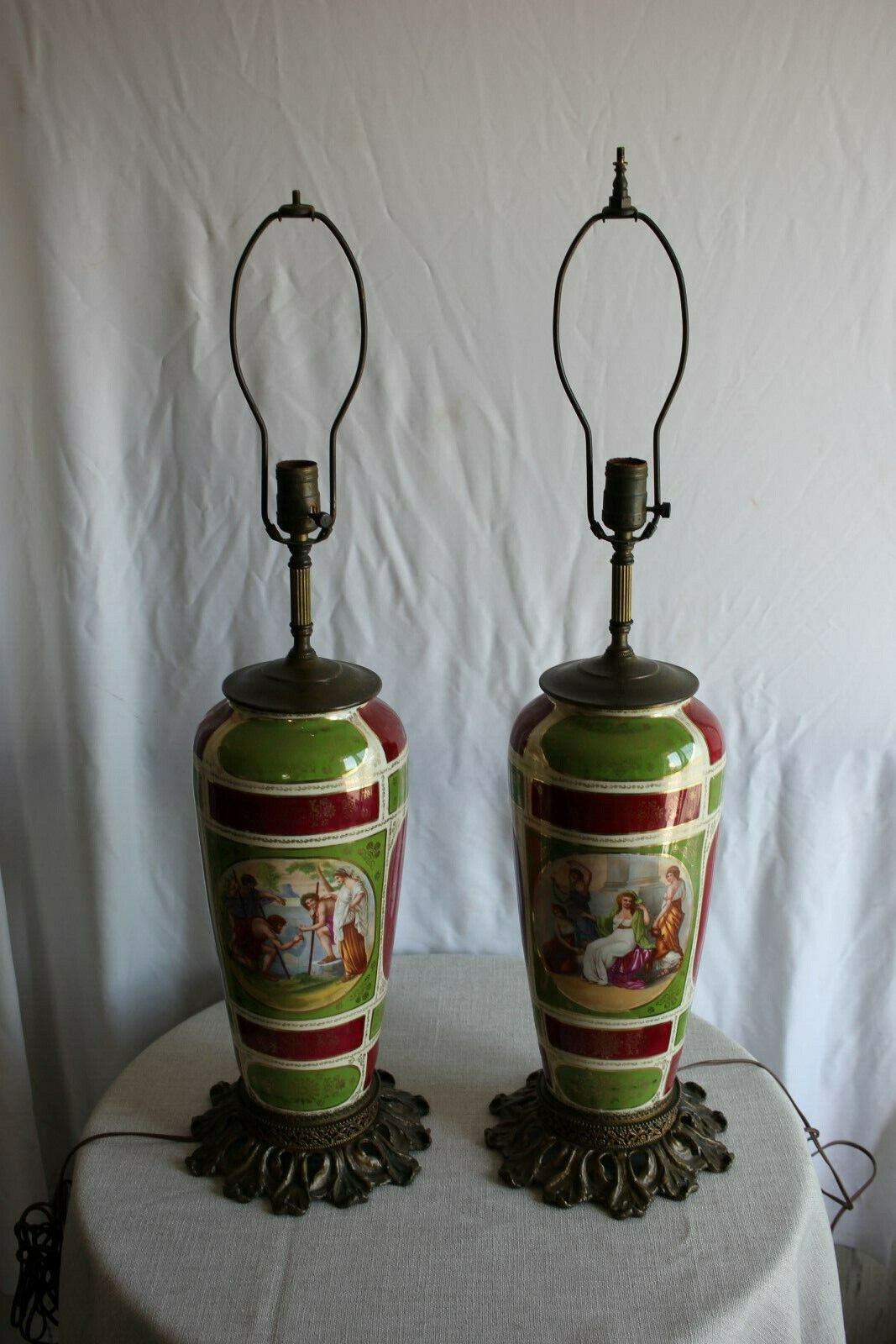 Pair of Colorful Porcelain lamps Painted with Scenes from Ancient Greece