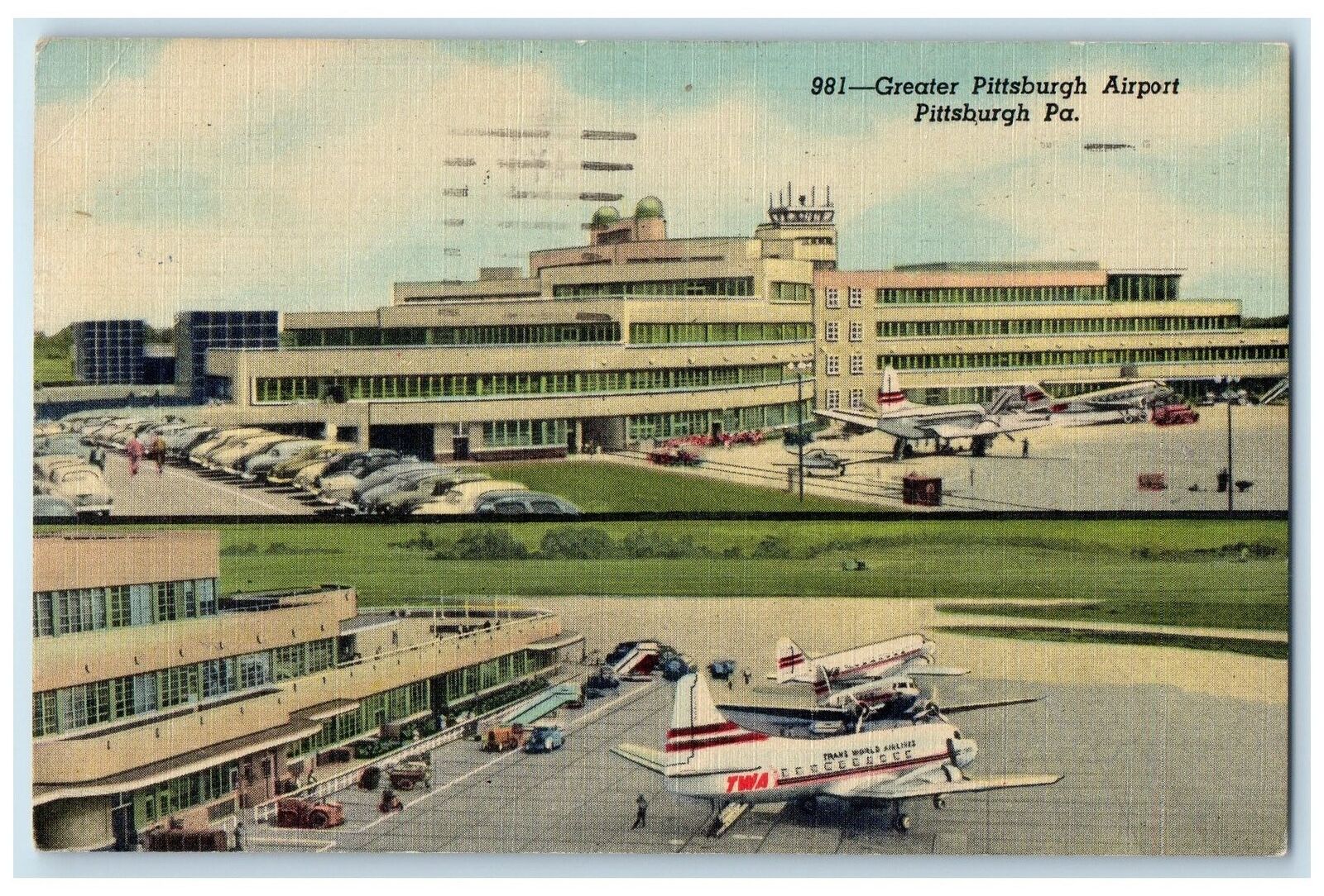 1953 Greater Pittsburg Airport Airplane Building Runway Pittsburg PA Postcard