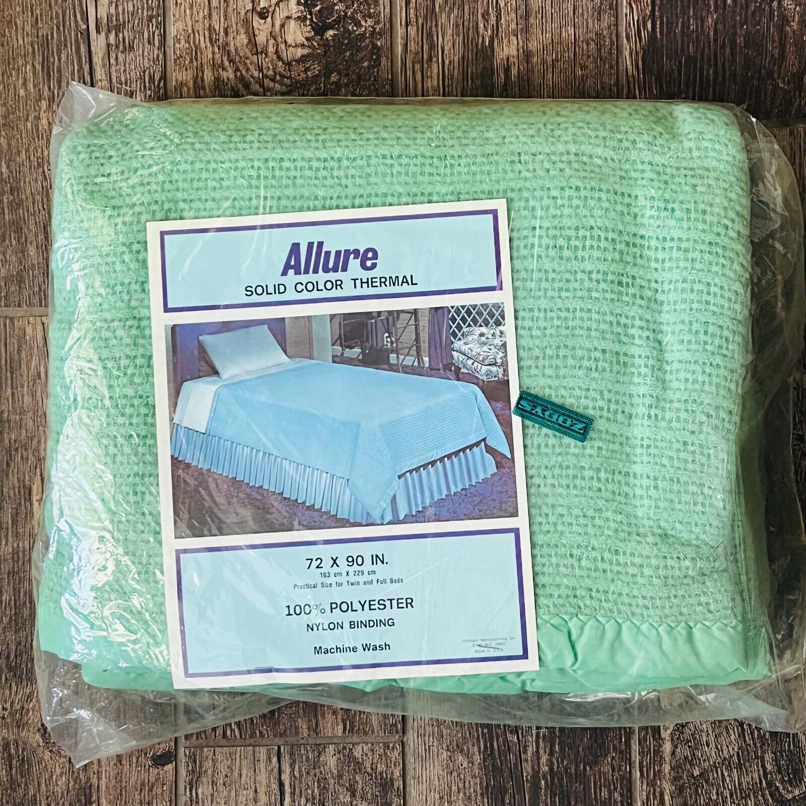 Vintage Solid Green Polyester Thermal Blanket Nylon Trim, Twin /Full - New Zodys