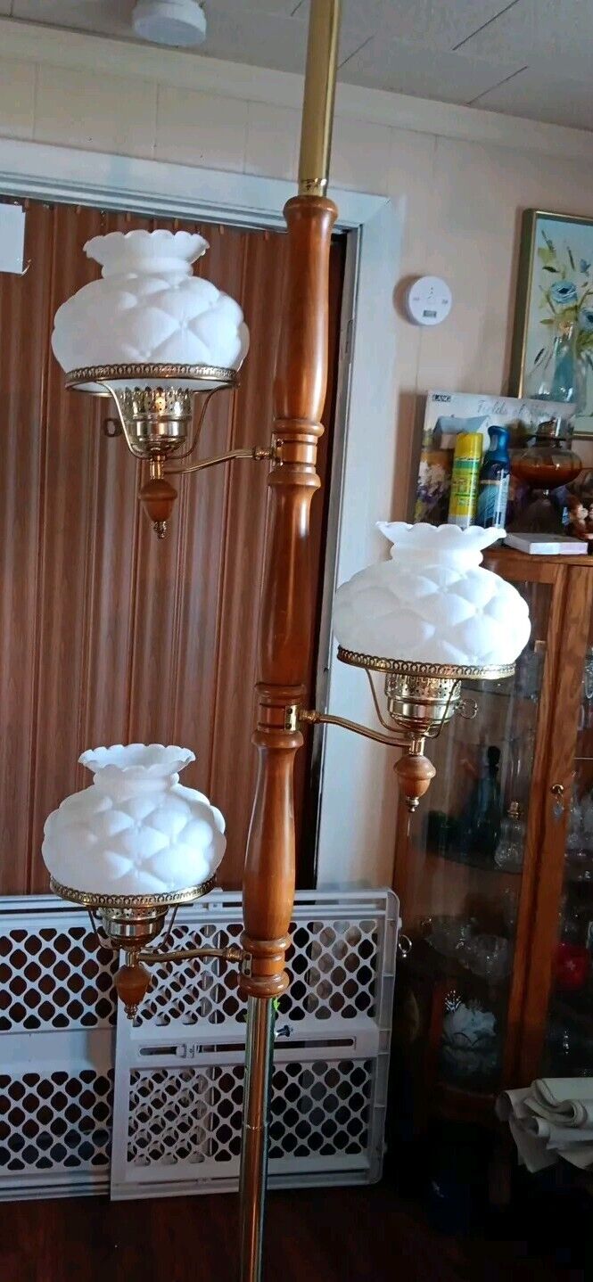 Vintage MCM Tension Pole Lamp, Quilted Satin Shades 3 Way Lighting Wood W/Gold 