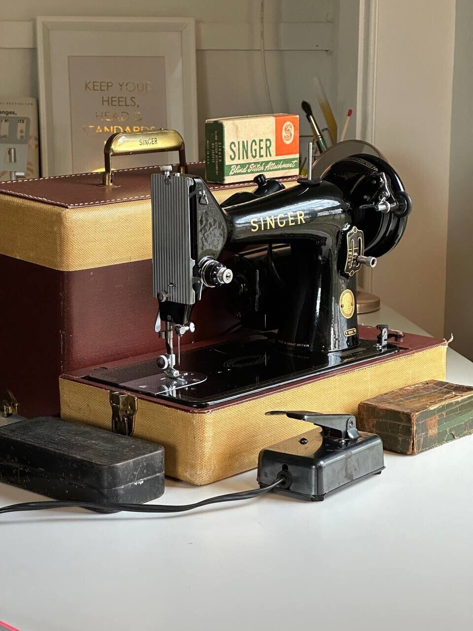Vintage 1953 Singer Model 99K Sewing Machine with Cabinet, Foot Pedal