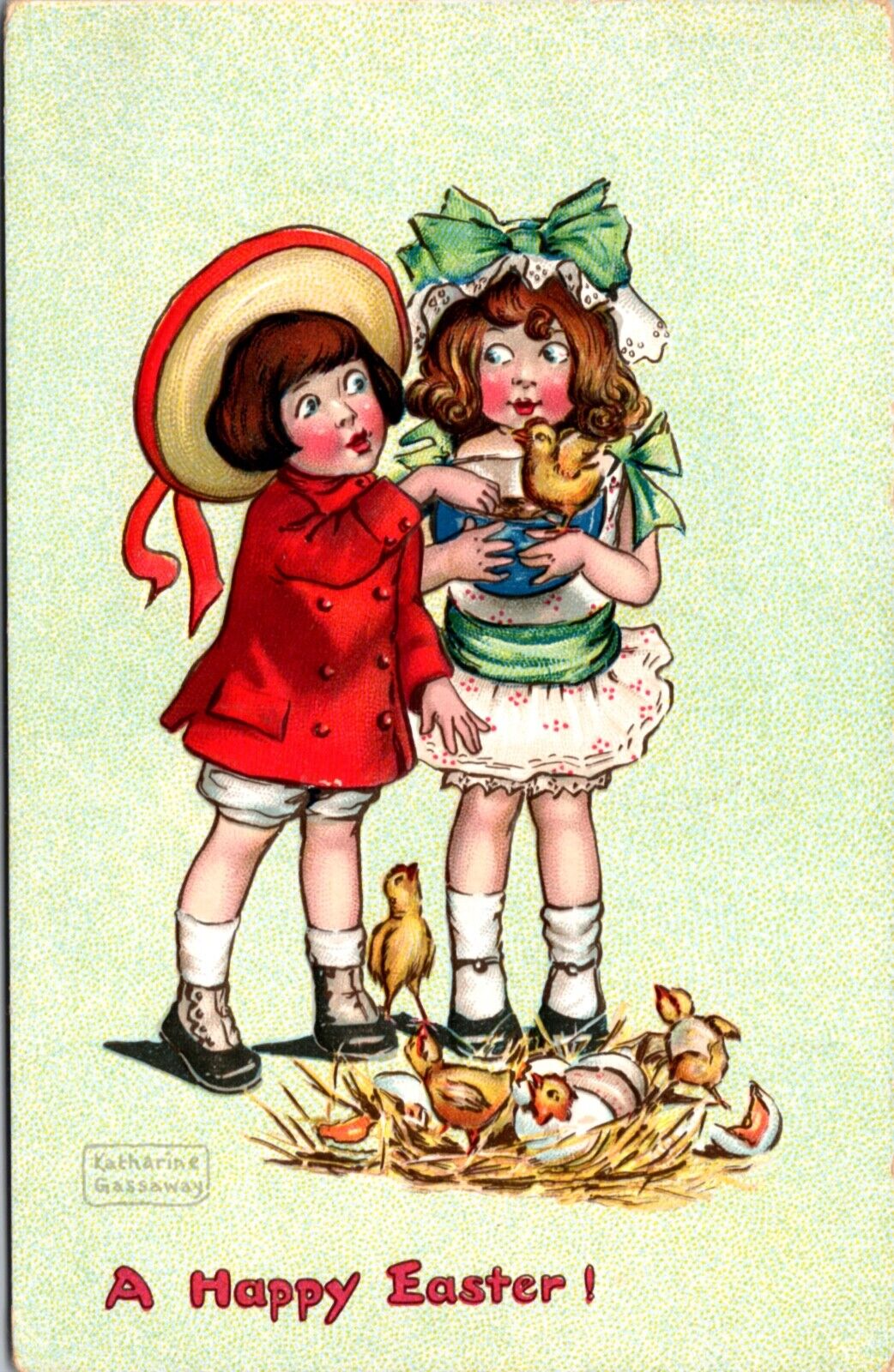Katharine Gassaway Easter Postcard Boy and Girl with Chicks Hatching From Eggs