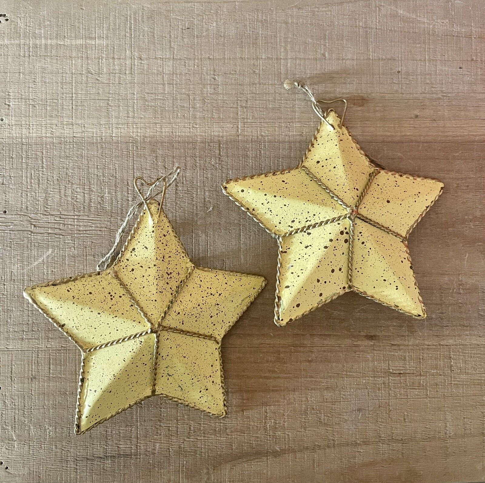 Vintage Primitive Country 2-Piece Cream & Gold Metal Star Christmas Ornaments