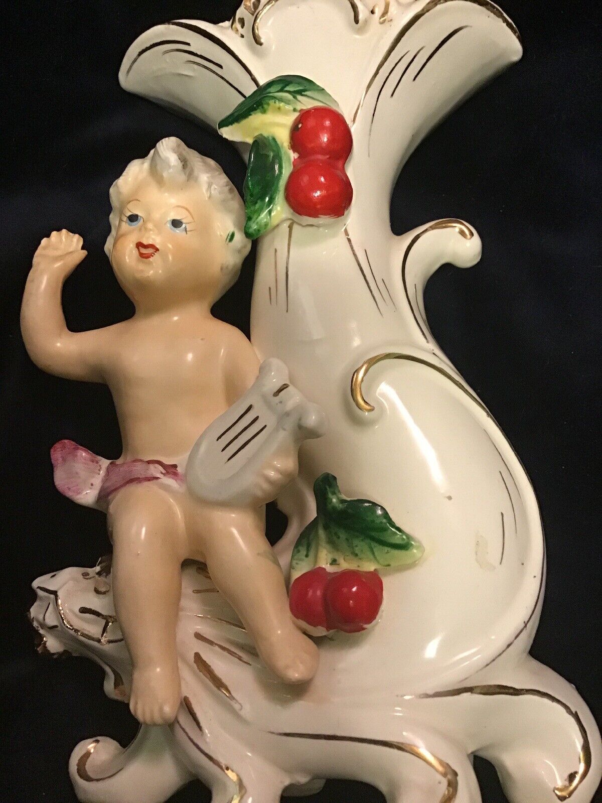 Antique Footed Cherub Girl Violin Sitting On A Dragon Cherry’s  Dresden ?