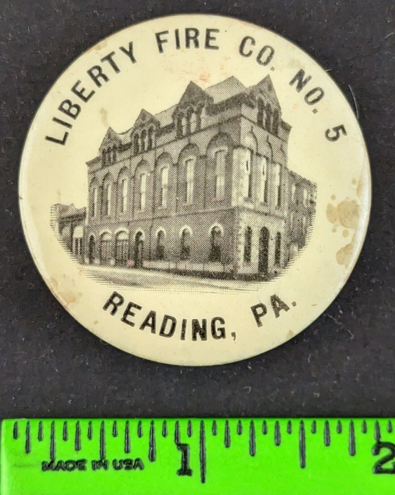 Vintage Liberty Fire Co No 5 Reading PA Graphic Celluloid Button Pinback Pin