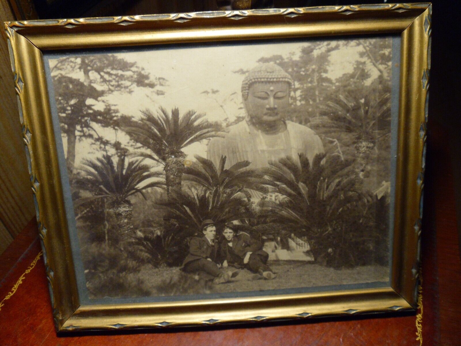 Antique sepia 8 x 10 photograph gay interest TWO men Buddha landscape SEPIA YES
