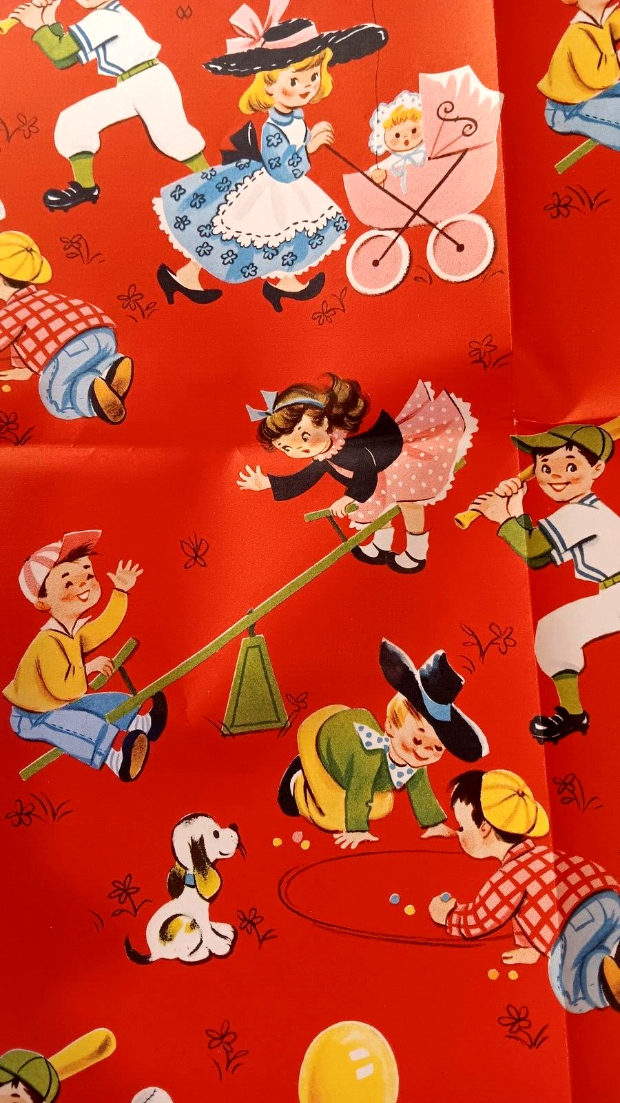 Vtg. 1950's Gift Wrapping Paper Sheets Children Playing Dress Up Puppy 18 x 25