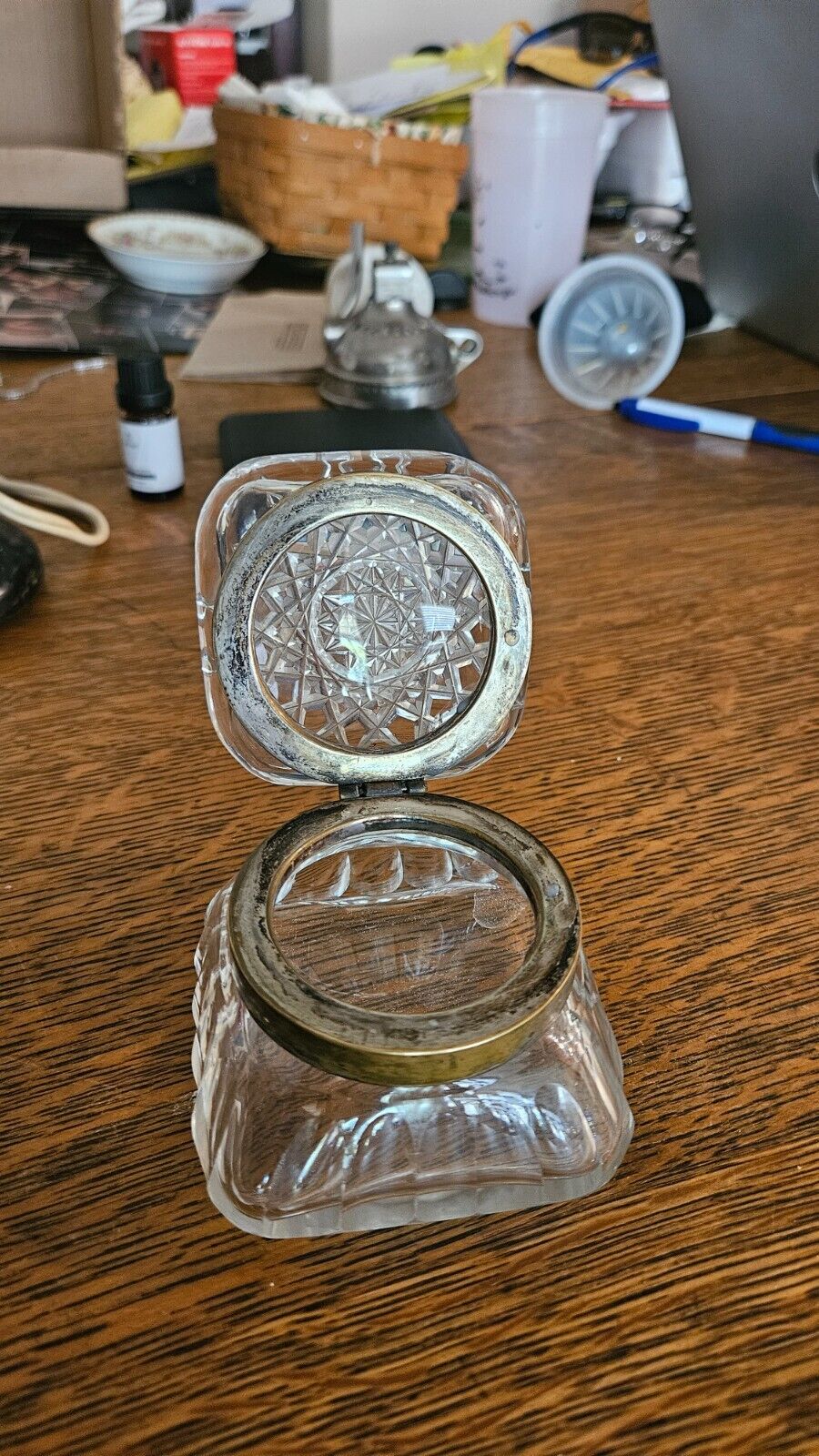 Antique Glass  hinged inkwell,trinket box
