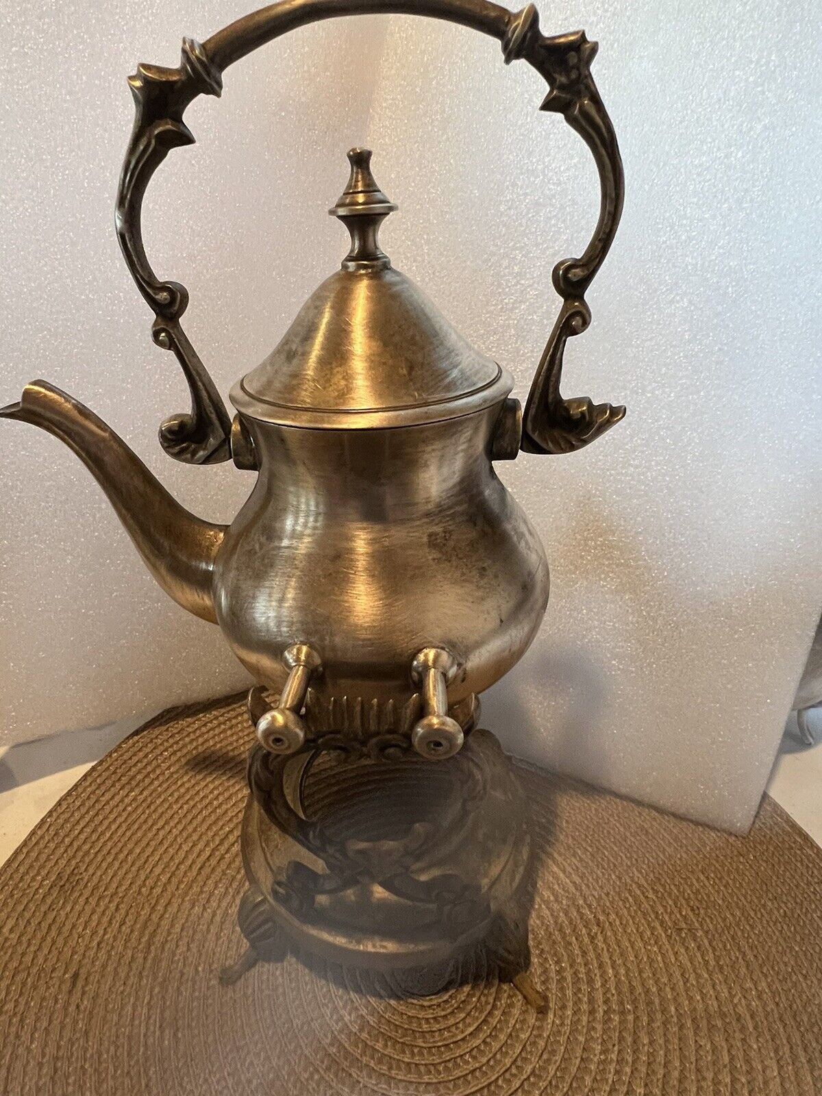 RARE vintage brass tipping teapot with stand