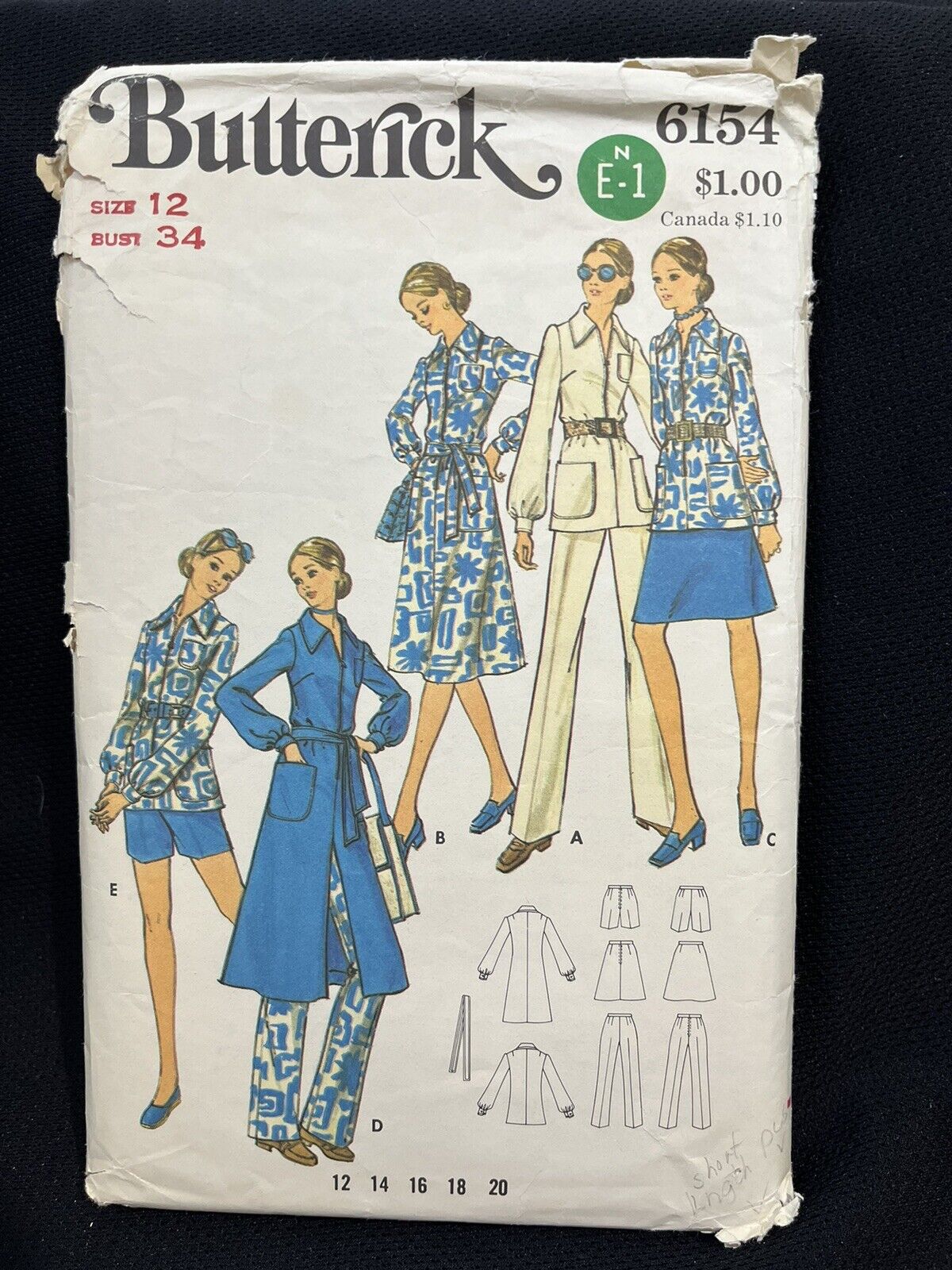 Vintage Butterick Pattern 6154 Dress Tunic Skirt Pants Shorts Cut Size 12 c1970s
